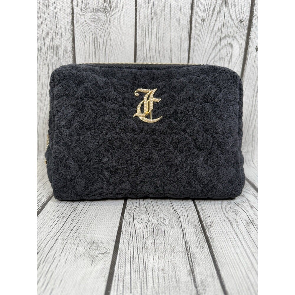 Juicy Couture Black Velour Cosmetic Bag Y2K Gothic JC Monogram Makeup Pouch